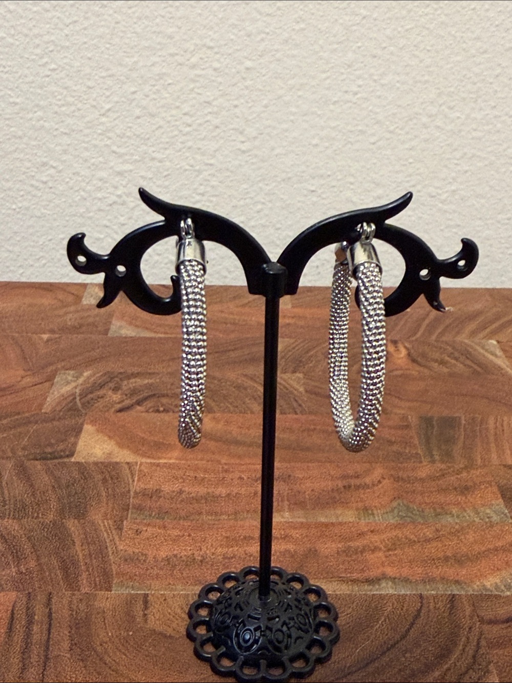 Silver Tone Textured Mesh Hoop Earrings